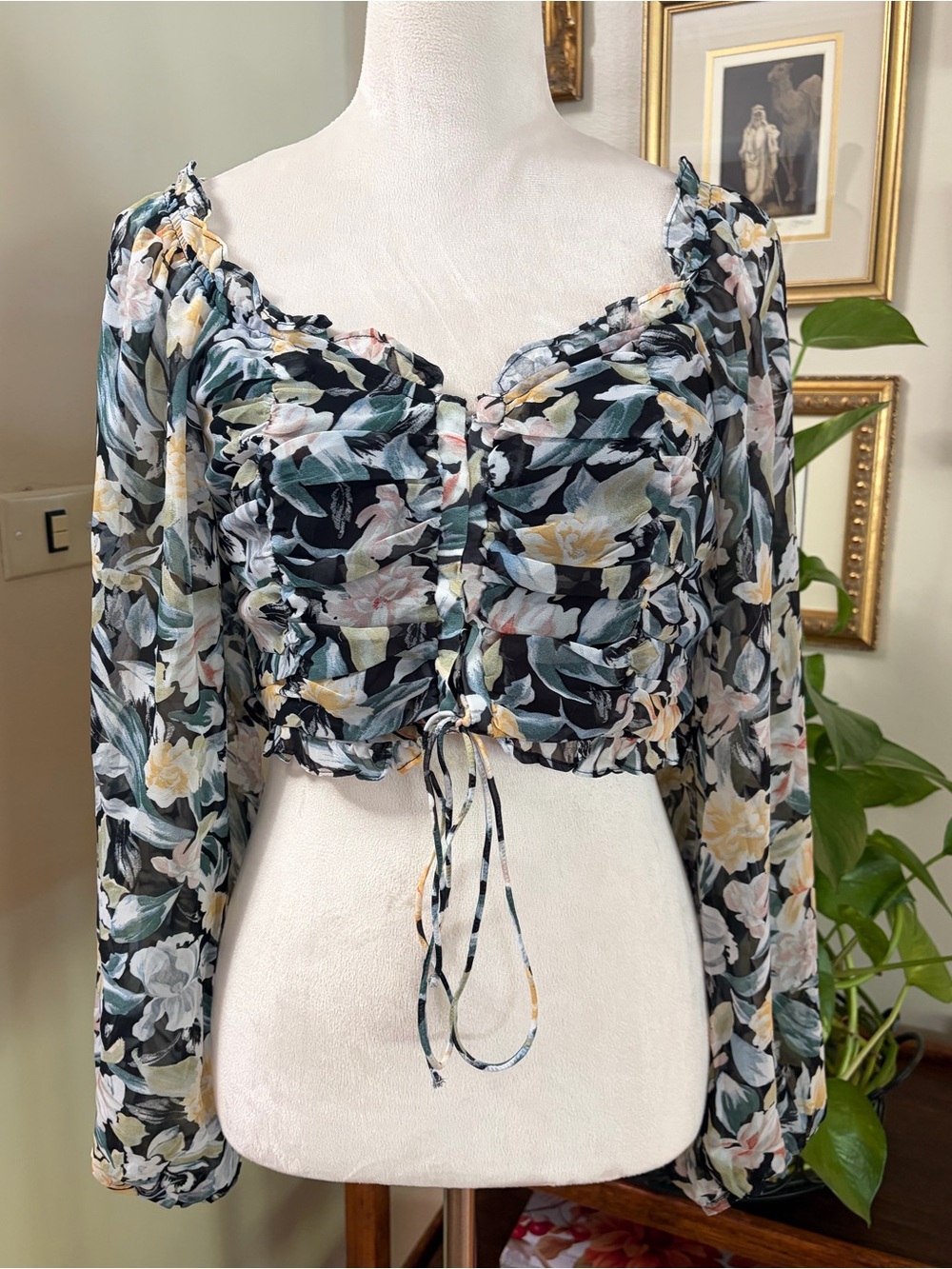 Blue B SzMed Floral Drawstring corset Long-Sleeve mesh Crop Top - Black Multi